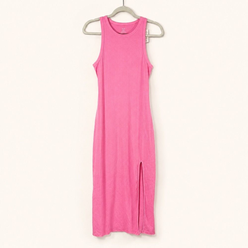 Aerie Ribbed Midi Dress Medium Hot Pink Cutout Back Side Slit Tank Dress NWT